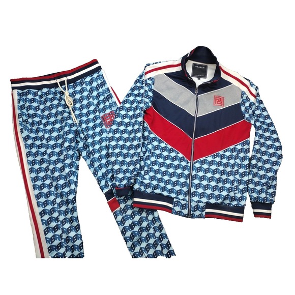 Reason Mens L Hip Hop RB Print Full Zip Colorblock Track Jacket & Pants Set AOP